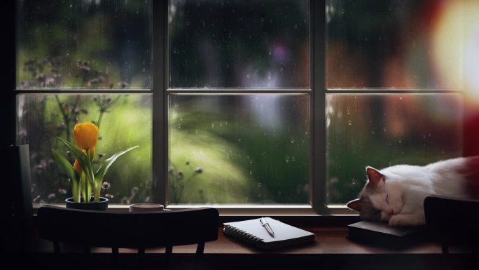 雨点和雨点打在窗户上，一只熟睡的猫趴在桌子上，雨声和放松