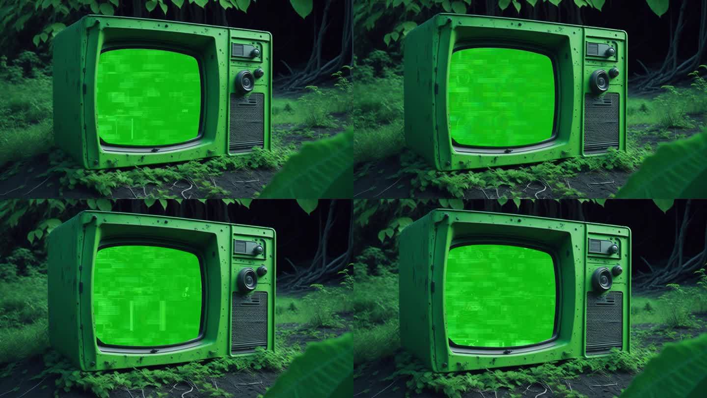 废弃的复古电视与色度键和故障屏幕在荒凉的森林地区。