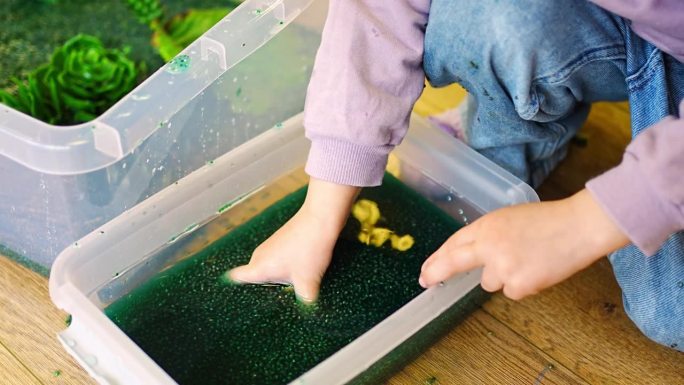 小女孩在手工制作的绿色奇亚籽沼泽中与昆虫、鱼类和植物模型玩耍。感官发展与体验，儿童主题活动，精细运动