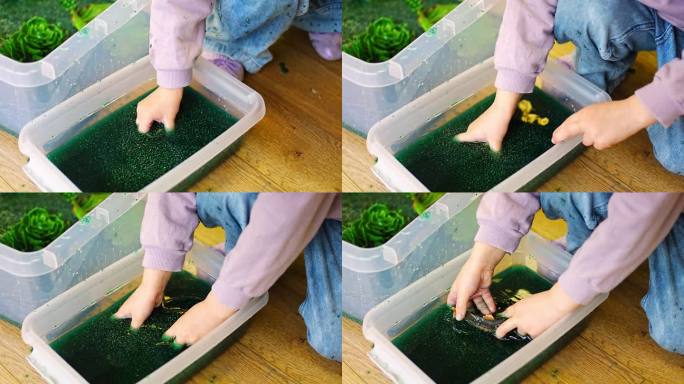 小女孩在手工制作的绿色奇亚籽沼泽中与昆虫、鱼类和植物模型玩耍。感官发展与体验，儿童主题活动，精细运动