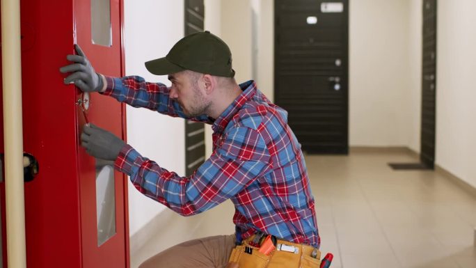 男工人用刀拉开消防安全柜