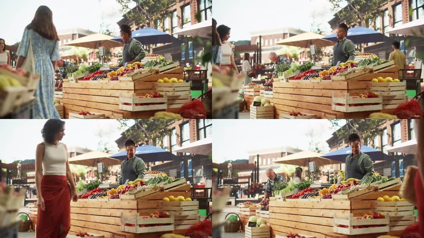 建立小企业主在户外农贸市场出售有机水果和蔬菜的照片。不同的顾客漫步在广场上，购买新鲜的生态农产品