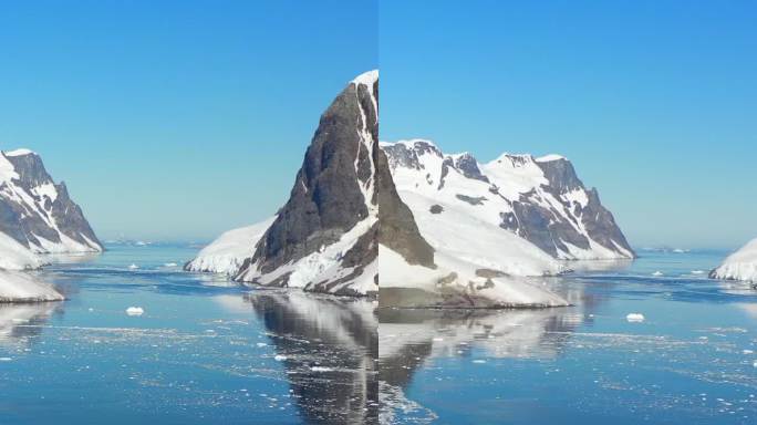 垂直视频景观的南极海洋与雪山，冰和船。