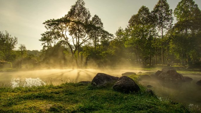 雾和烟漂浮在水面上。初升的太阳透过树林透出亮光。泰国南邦省蔡善国家公园的温泉
