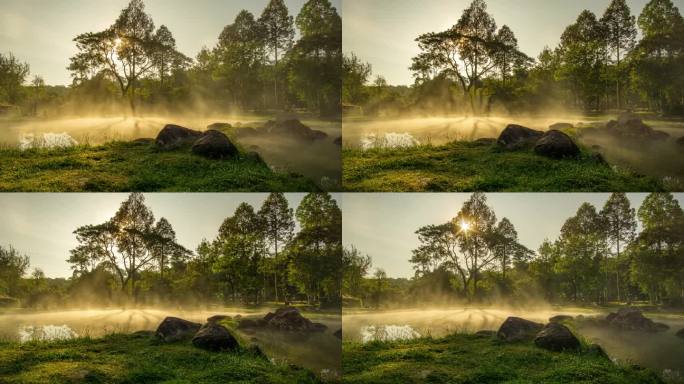 雾和烟漂浮在水面上。初升的太阳透过树林透出亮光。泰国南邦省蔡善国家公园的温泉