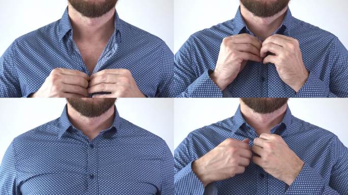 蓝色衬衫的扣子扣不全。
