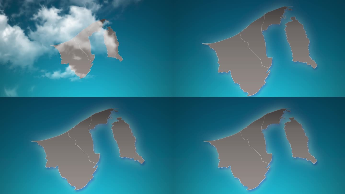 文莱达鲁萨兰国地图与放大现实的云飞过。相机缩放天空效果在文莱达鲁萨兰国地图。背景适合公司介绍，旅游，