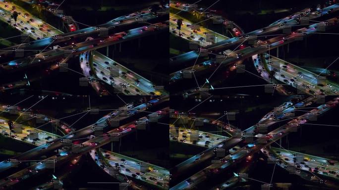 监视系统。拥挤的高速公路鸟瞰图。文本和连接显示在几辆汽车和卡车上。未来的交通工具。物联网。人工智能。