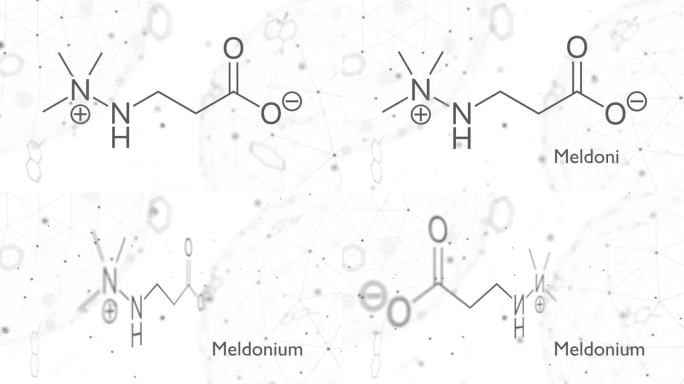 米屈肼抗缺血药物分子。用于治疗心绞痛和心肌梗塞。骨骼的公式。