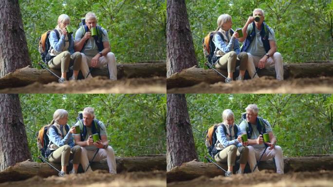 喝杯咖啡，和老夫妇在一起，在大自然中远足，在森林里锻炼和健身。一个男人和女人一起户外冒险，休息和徒步