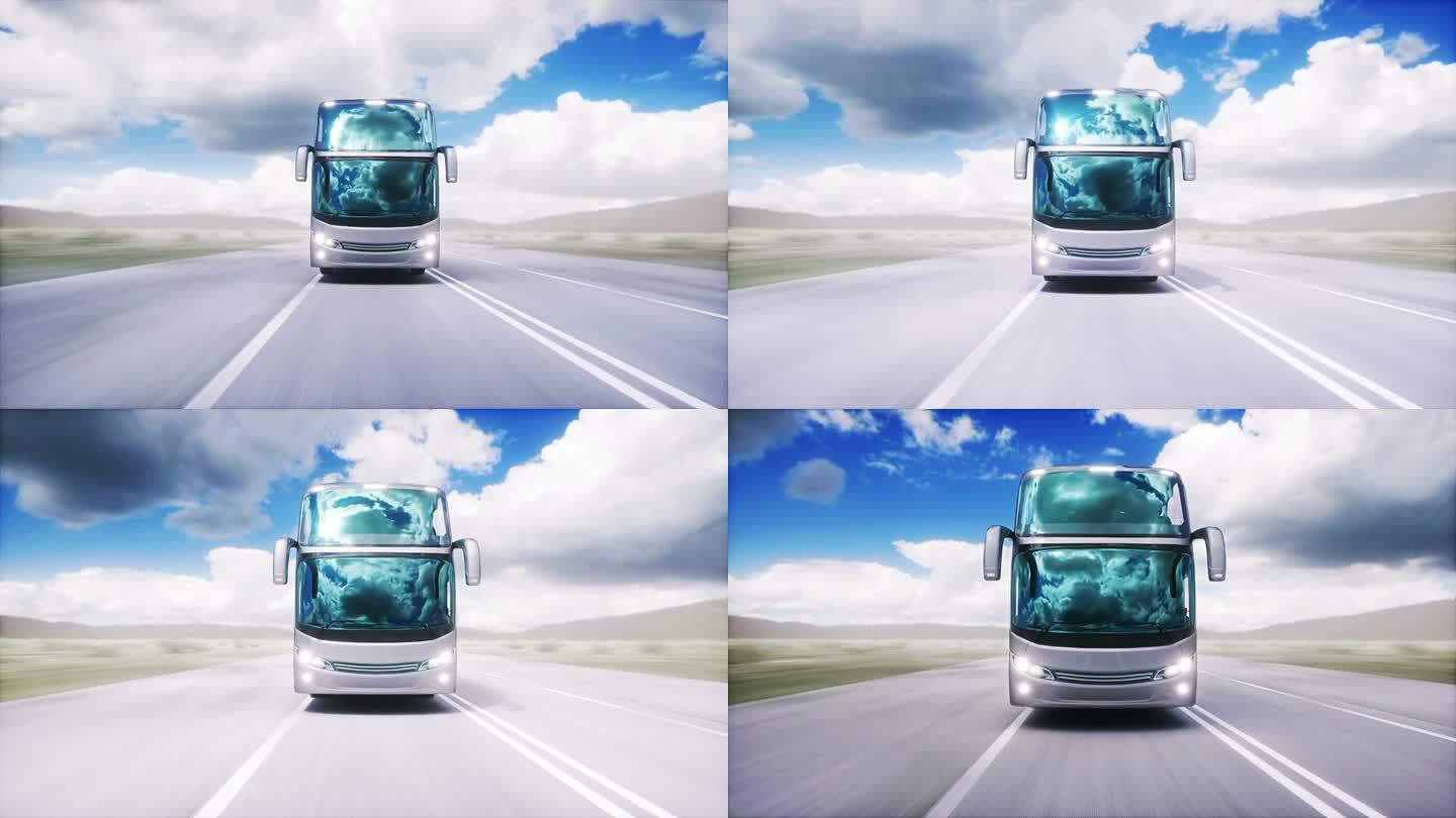 高速公路上的灰色旅游巴士。开得非常快。
