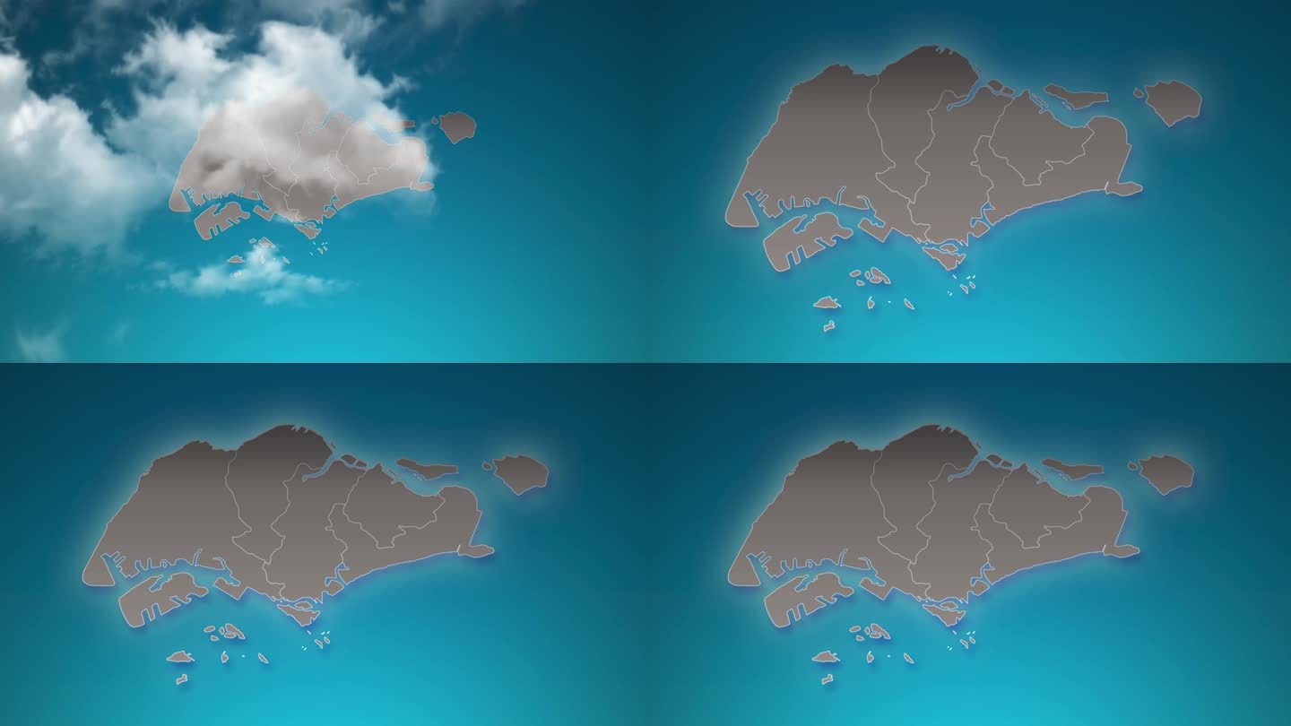 新加坡国家地图与放大在现实的云飞过。照相机在新加坡地图上放大天空效果。背景适合公司介绍，旅游，演讲。