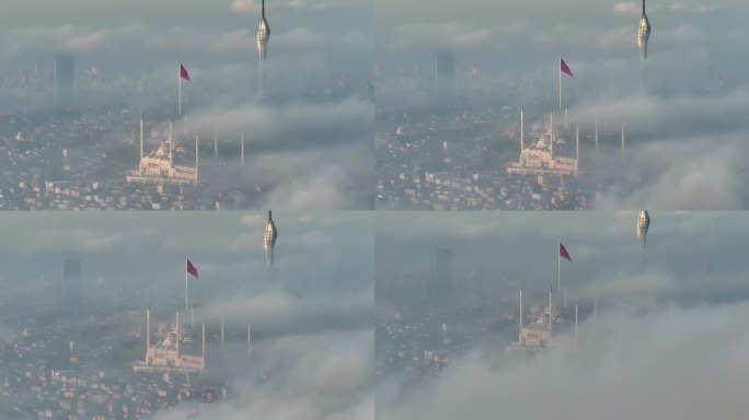 Camlica清真寺和土耳其国旗在雾蒙蒙的早晨无人机视频，Camlica山，Üsküdar伊斯坦布尔