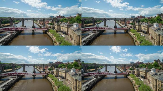 英国英格兰东北部泰恩河畔纽卡斯尔的高架桥和泰恩河，云和蓝天——4k延时拍摄(缩小)