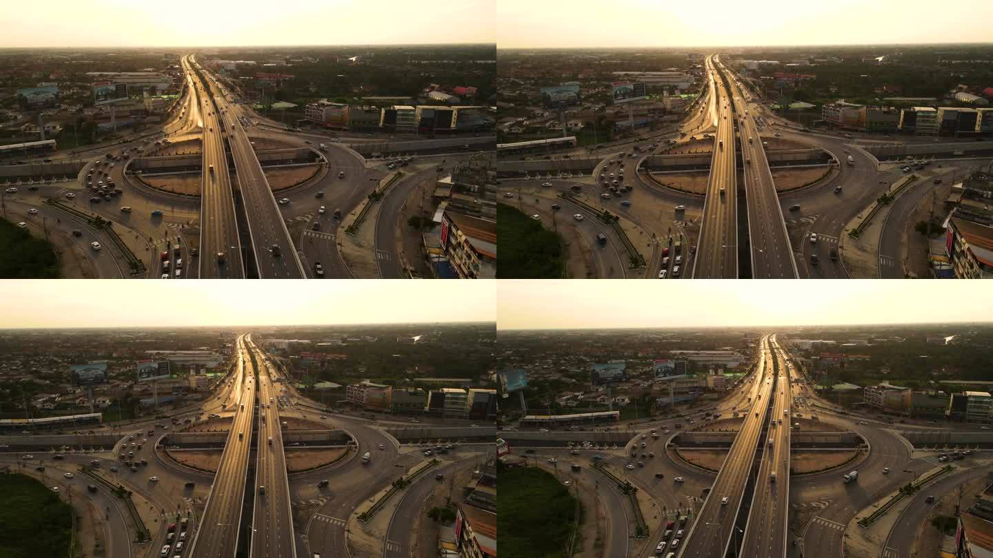 城市中的高速公路交界处，鸟瞰图，高角度视图，日落时曼谷的圆圈