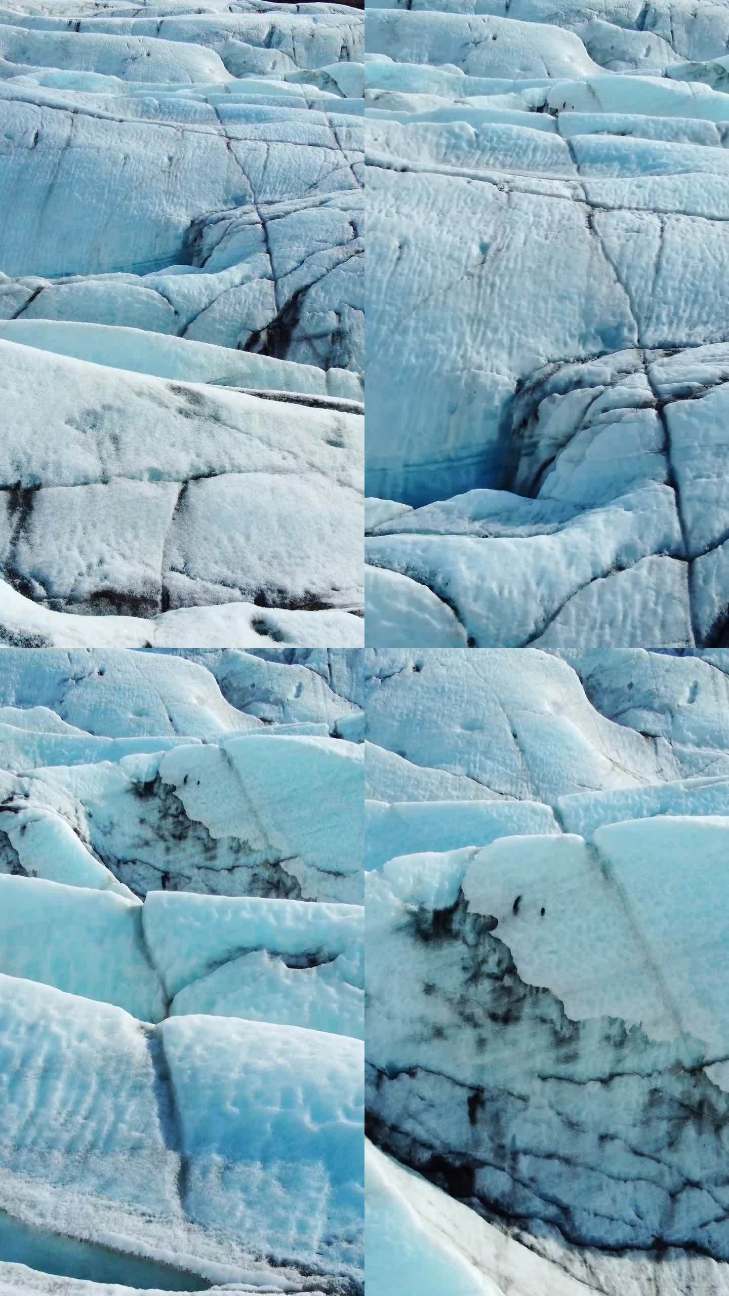 竖屏:冰岛的瓦特纳冰川。纯蓝冰，冬季景观鸟瞰图4k。欧洲最大的冰川。热门旅游景点，冰川融化。拍摄社交