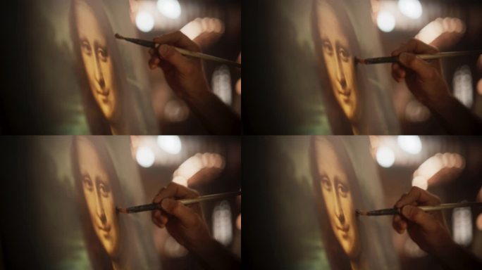 特写男画家用温柔的笔触手绘《蒙娜丽莎》。这幅名画的创作者正在绘制的细节。纯粹的天赋和对高级艺术的精通