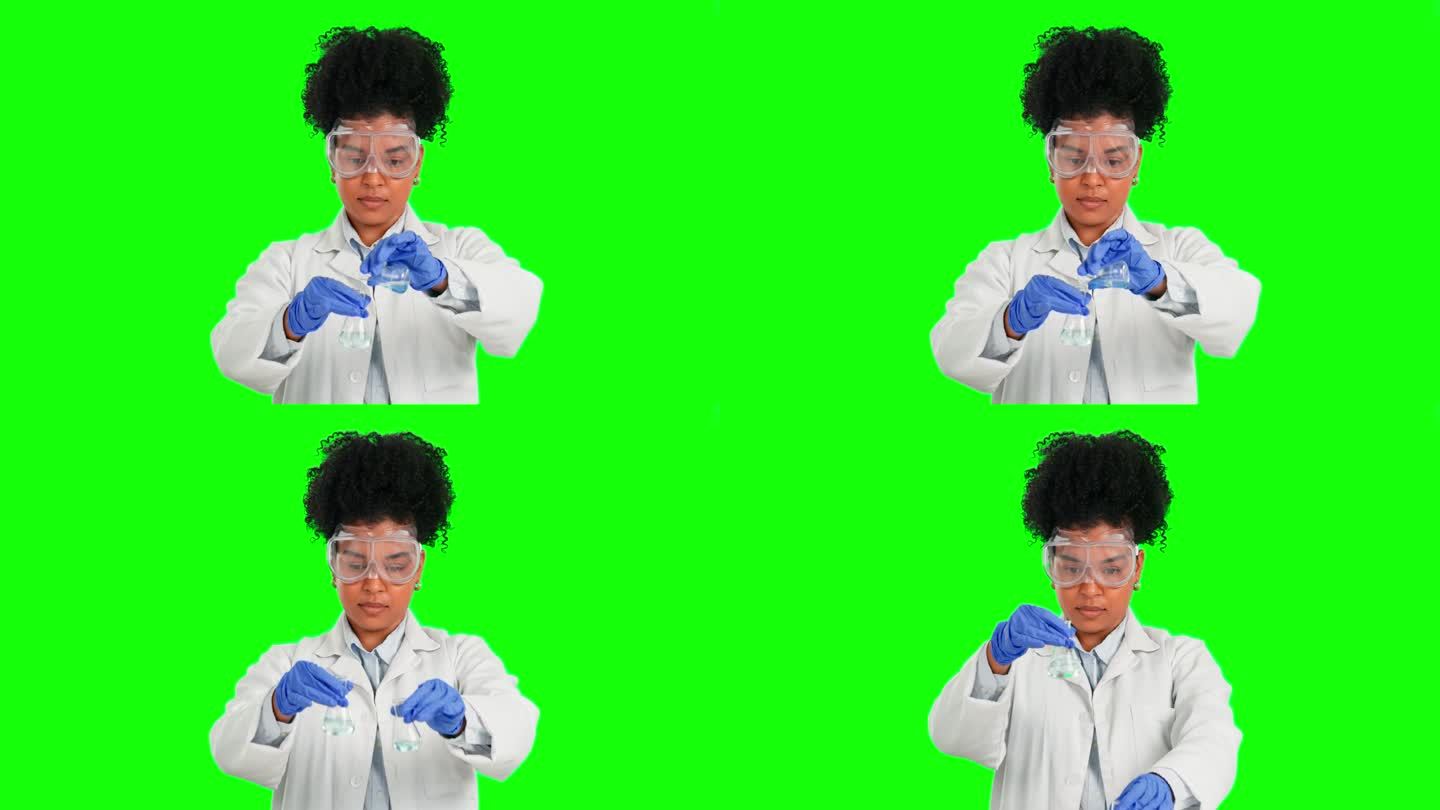 拇指朝下，脸和一个科学的女人在一个绿色的屏幕上被隔离在一个工作室的背景下。坏，评论和一个科学家做化学