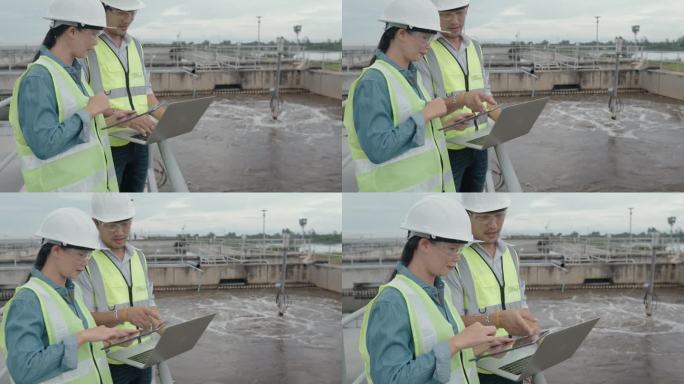 两名环境工程师在污水处理厂工作，水管理概念。