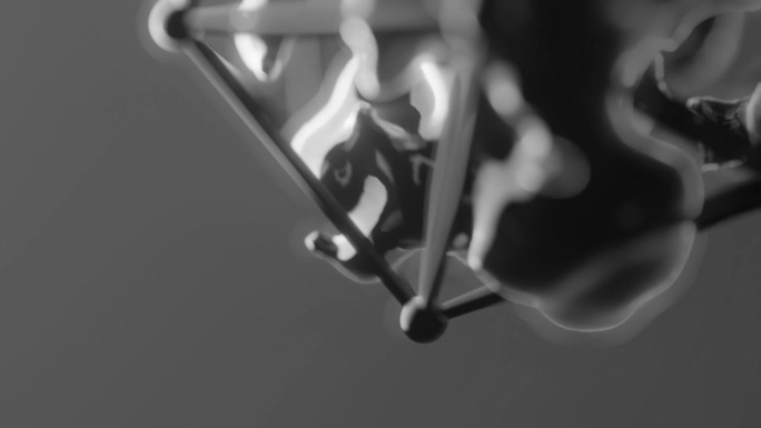 抽象的黑白金属光泽形状动画。六角形铁笼内的3d插图