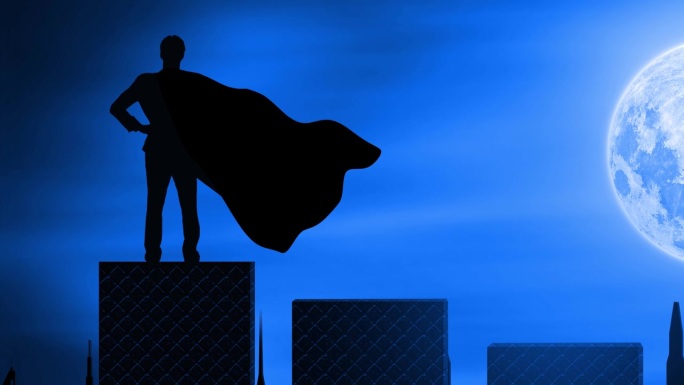 超人与大城市和月亮之夜。超级商人站在图形楼梯上看城市景观。伟大的观点和超级英雄的概念。缩小循环视频