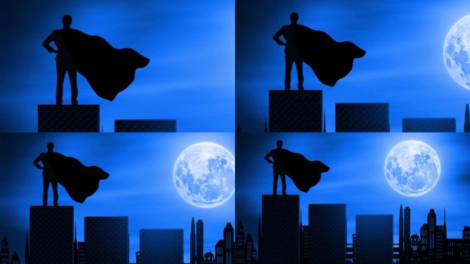 超人与大城市和月亮之夜。超级商人站在图形楼梯上看城市景观。伟大的观点和超级英雄的概念。缩小循环视频