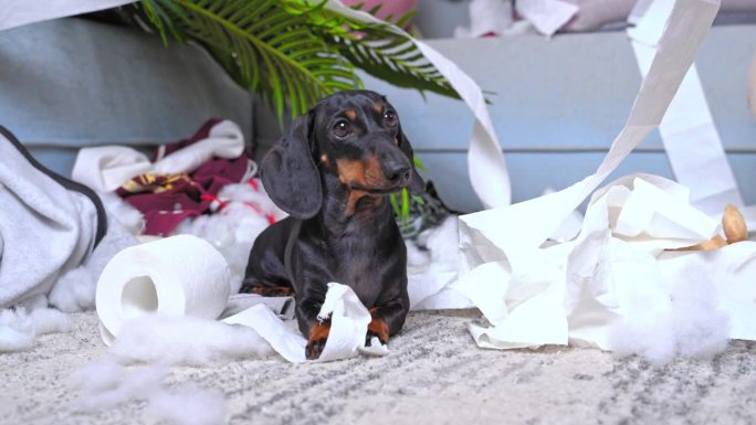 狗咬厕纸，地板上的垃圾乱扔，不注意，宠物恶作剧