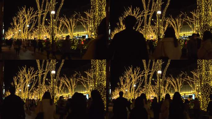 探索圣诞彩灯表参道:欢庆的人群享受彩灯