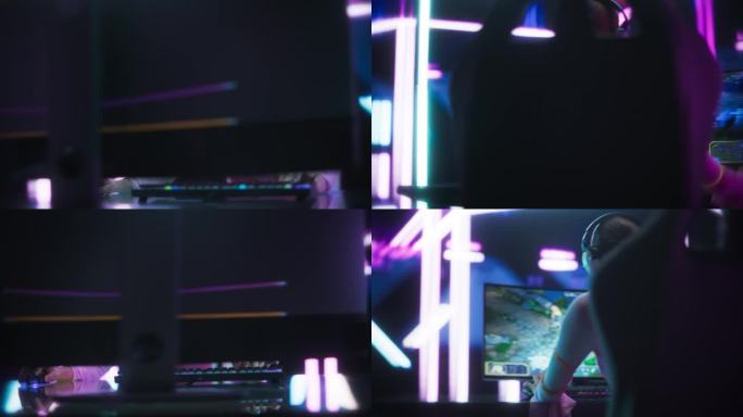 年轻女性玩家在赛博朋克数字霓虹灯世界的电脑上玩在线视频游戏。女孩与时尚的彩色化妆流媒体策略游戏在互联