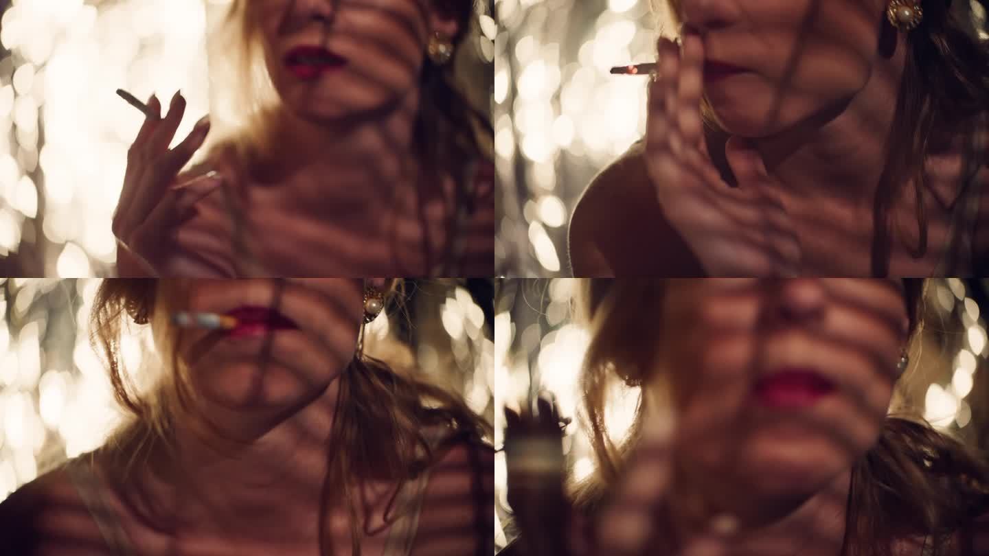 一位优雅美丽的女士在新年晚会上抽着烟。
