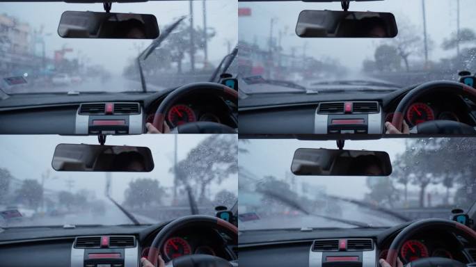 在雨天和交通堵塞的情况下，从汽车内部观看行驶在道路上。
