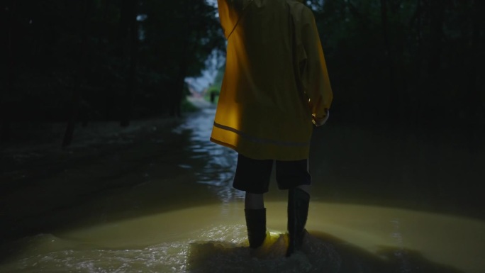 穿着黄色雨衣的小男孩拿着手电筒走在被水淹没的路上