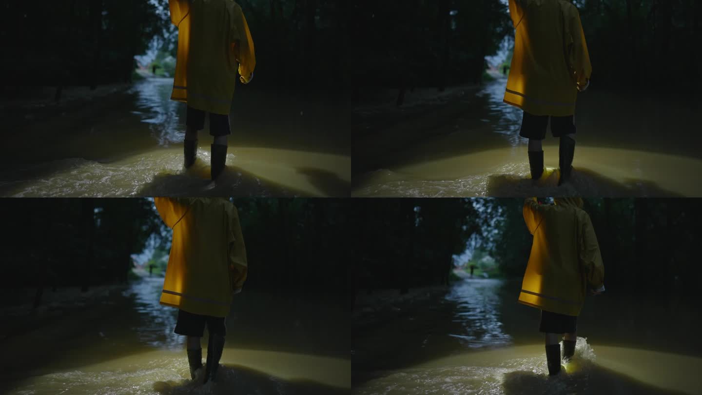 穿着黄色雨衣的小男孩拿着手电筒走在被水淹没的路上
