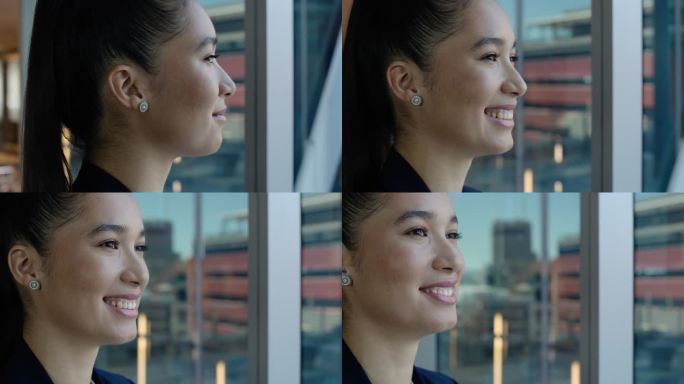 未来，微笑和窗口的商业女性在办公室为思考，远见和机会。使命，计划和自豪与员工的面孔在企业代理专业，经