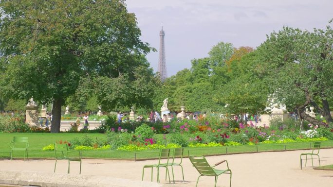 法国巴黎美丽的杜伊勒里花园，4k慢动作，60fps
