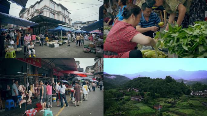 美丽农村集市 老年人买菜卖菜 逛街