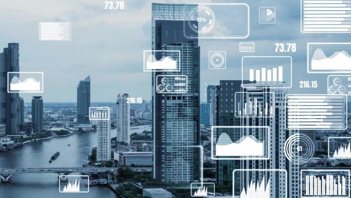 商业数据分析界面飞越智慧城市，展现改变的未来