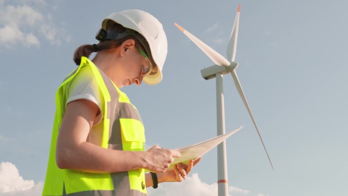 一名女性可再生能源专家自豪地站在产生绿色电力的风力涡轮机旁边。专业工程师会持有文件、文件、图纸和分析