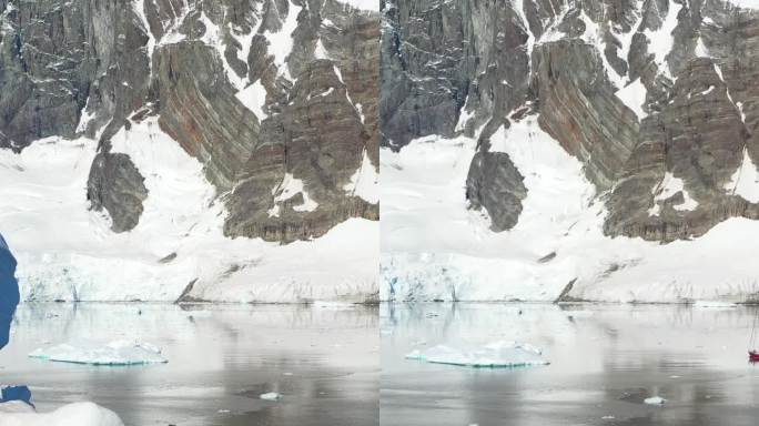 垂直视频雪山，冰，雪，冰山，南极海洋。