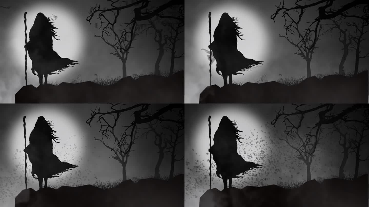 女巫女人剪影与鸟和蝙蝠悬崖边缘4K循环