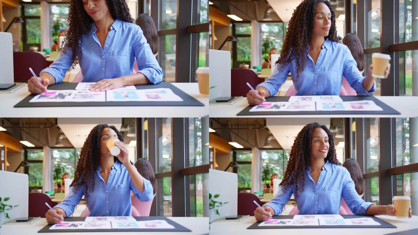 镜头拉回，显示一位女商人坐在办公室的办公桌前批阅版面或校样，喝着咖啡——慢镜头