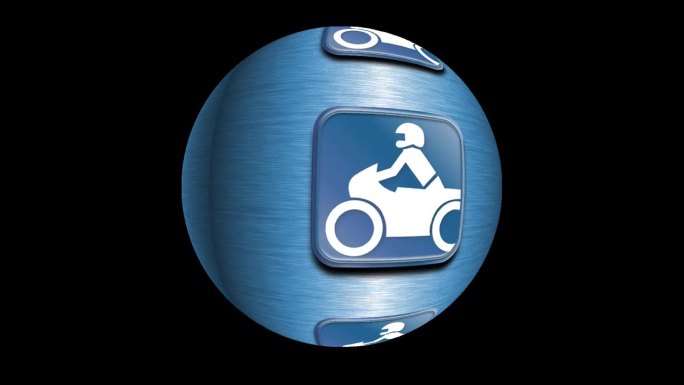 在旋转或旋转的圆圈或球上进行赛车运动的符号或标志的动画。