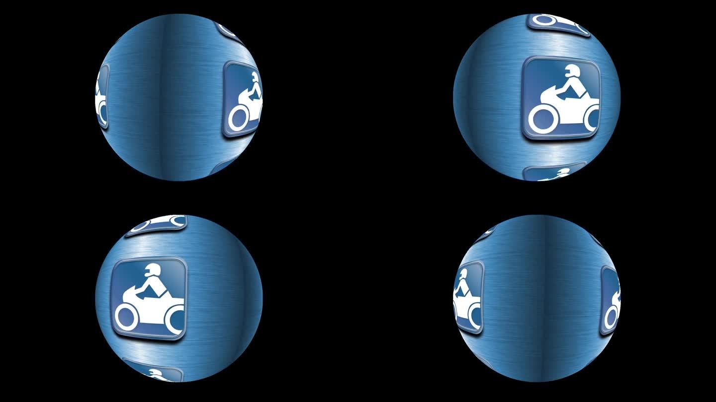 在旋转或旋转的圆圈或球上进行赛车运动的符号或标志的动画。