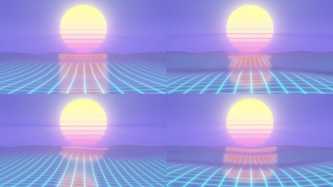 复古Synthwave 80太阳以上线框网格霓虹灯发光的海浪- 4K无缝VJ循环运动背景动画