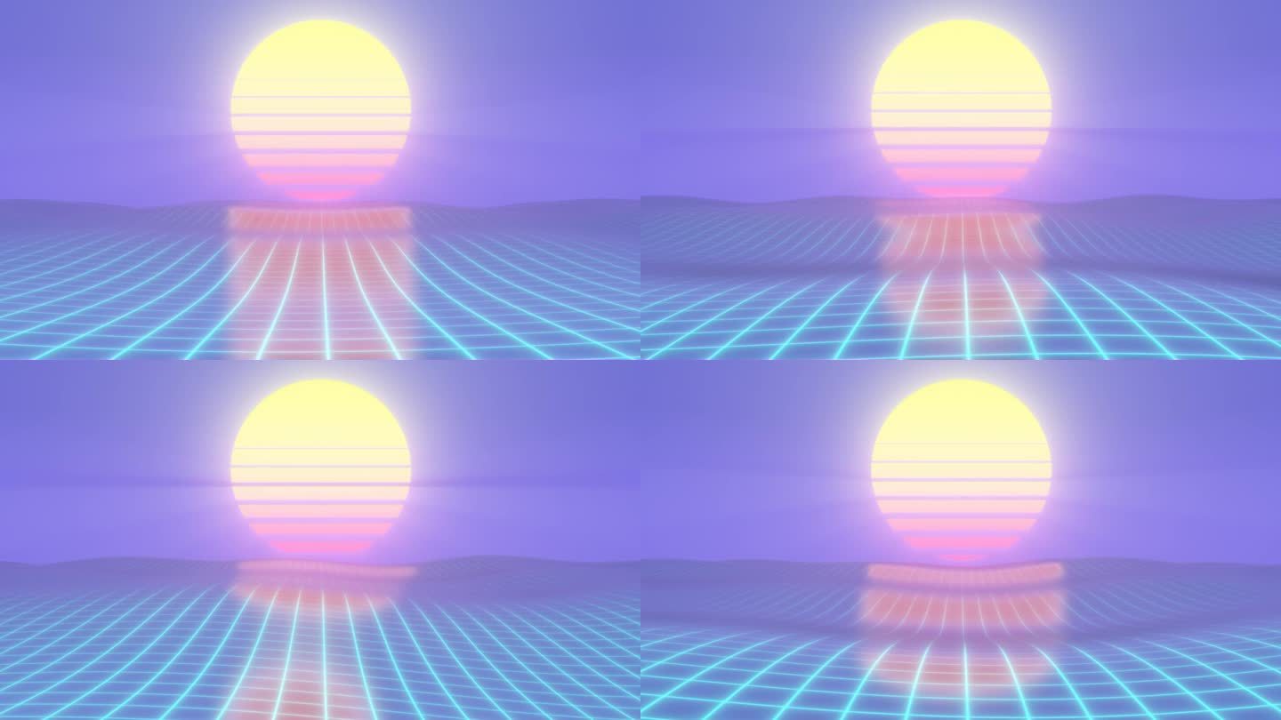 复古Synthwave 80太阳以上线框网格霓虹灯发光的海浪- 4K无缝VJ循环运动背景动画