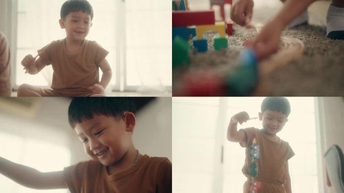 捕捉快乐:亚洲父子在家快乐玩耍的积极情绪。