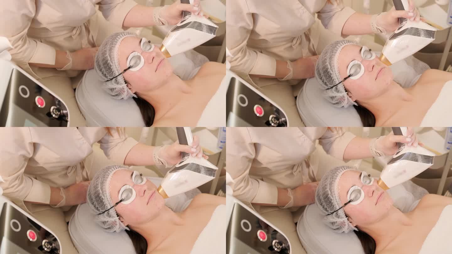 一名妇女在美容中心接受眼部周围的射频提拉手术，以恢复面部皮肤的活力