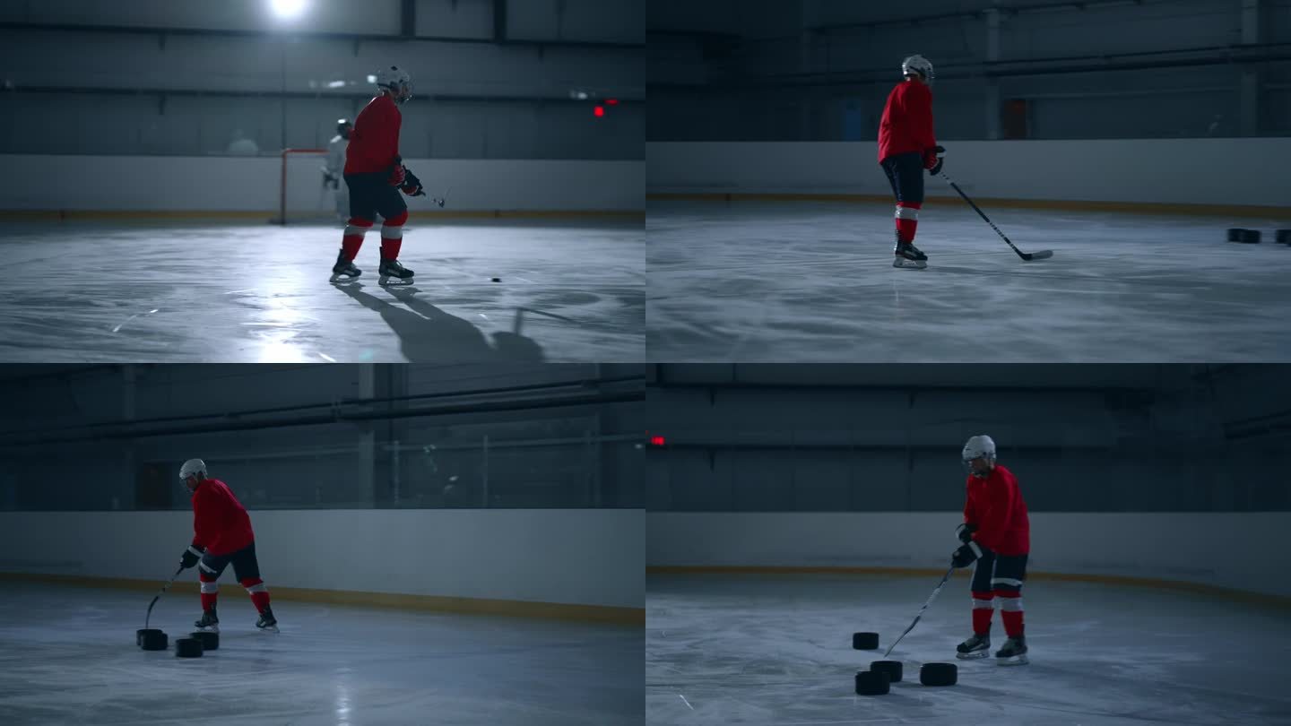 一名身穿红色球衣的冰球运动员在黑暗的冰场上展示自己的技术，同时避开障碍，轻松得分