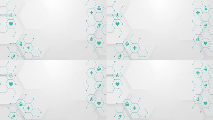 白色技术医学背景与六边形形状。动画医疗保健图标。循环抽象运动图形。