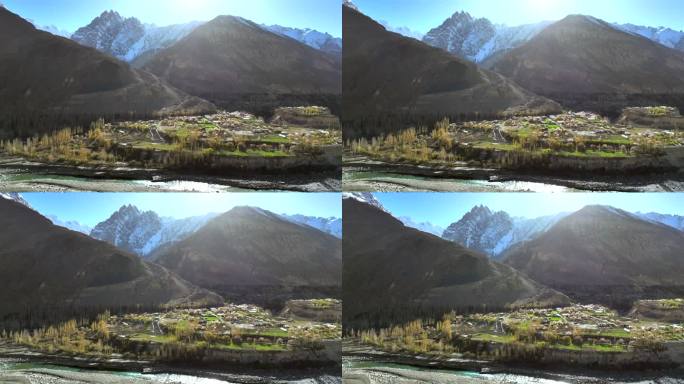 鸟瞰图春天樱花盛开，春天喀喇昆仑公路沿线的喜马拉雅山脉上的帕苏山脉、罕萨河和喀喇昆仑公路。巴基斯坦北